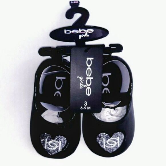 Nwt Bebe Infant Girl Crib Shoe Ballet Flat Black Silver Embroidered Heart Size 3 - Picture 1 of 5